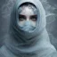 Placeholder: clouds of gray fog as woman's face, dissolving, disintegrating, smoke, wearing blue hijab, fine detail, highly intricate, wearing blue hijab, modern surrealism painting, fog, high-quality, volumetric lighting, 8k, ultrahd, George Grie, Marco Escobedo, Igor Morski,Brian Froud, Howard Lyon, Selina French,