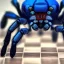 Placeholder: close up of a large hairy blue spider smiling and playing chess, photorealistic, blender render, wide angle lens, 4k, two birds, jungle,