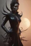 Placeholder: Famke Janssen as evil queen in black leather, busty, cleavage, dominatrix, curvy, angry, stern look. character design by cory loftis, fenghua zhong, ryohei hase, ismail inceoglu and ruan jia. unreal engine 5, artistic lighting, highly detailed, photorealistic, fantasy