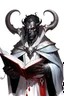 Placeholder: En Young male black skin black hair tiefling Wizard with large horns fra dnd holding a book with Arcane Magic in a silver and White Rope and a silver cloak. His horn a perfectly place on acet from the front to the back pointing upwards with glowing Red cat Eyes. His close is elegant get simple. Holding an ice Crystal in his Right Hand