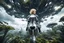 Placeholder: Wide-angle photo of a slim sci-fi woman with blond hair, wearing a silver and black futuristic android-like spacesuit, standing on an alien cloud tree jungle planet