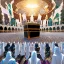 Placeholder: The scene in Mecca: People wearing white Ihram clothes, men without head coverings, women with veils, circumambulating around the Kaaba, and above them are transparent white spirits of children, men, and women with wings revolving around the Kaaba.