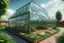 Placeholder: Duplex house, one side is made from brick, another is fully transparent greenhouse, with weed inside, wide angle camera, Digital illustration