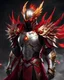 Placeholder: silver and gold armor with glowing red eyes, and a ghostly red flowing cape, crimson trim flows throughout the armor, the helmet is fully covering the face, black and red spikes erupt from the shoulder pads, four crimson and gold angel wings are erupting from the back, crimson hair coming out the helmet, spikes erupting from the shoulder pads and gauntlets, staring up at a lava monster erupting from a volcano