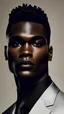 Placeholder: portrait of a extremely handsome clean shaven, dark skinned black man with short hair, strong jawline, and high cheekbones and hunter eyes