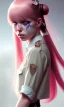 Placeholder: girl, cute, beautiful, pink hair, brown eyes, pigtails, bangs, knife in hand, blood on face, by Greg Rutkowski, big boobs, school girl uniform