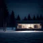 Placeholder: analog film style - small front elevation of a minimal house centered in a landscape at night lit by ambient twilight. The house is dimly cool lit from the inside, casting a soft glow on the fresh snow around it. The background features tall, icy trees shrouded in a gentle twilight, with subtle hints of snow falling silently. The scene is quiet and still, evoking a sense of liminal isolation in the midst of a cold winter's evening. the landscape in the forground is just a snowy plain
