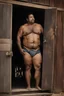 Placeholder: 1970's close up photography of a burly overweight muscular brazilian farmer 44 years old, sweat, short curly hair, short beard, manly chest, tattoo, hand on the fap, shirtless with dirty shorts, on the door of a large barn, under the sun