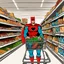 Placeholder: A superhero with a shopping cart is shopping in a supermarket.