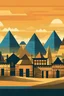 Placeholder: create a ilustrasion town of small Egyptian houses with silhouettes of pyramids behind them in a similar art style and color palette