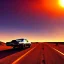 Placeholder: muscle car, desert road, sunset, full colour