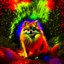 Placeholder: paint splatter, photorealism, a pomeranian hippie king hovering in the underground grove glowing light, in the style of escher, 8k, down-light, soft light, depth of field, photo realism, trending on art station, high detail, smoke and fog