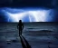 Placeholder: A man walking on the moon during a thunderstorm