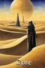 Placeholder: text: "DUNE" book cover art by text: "FRANK HERBERT", digital illustration by Jim Burns and Adolf Wolfli, cover art, rich colors, smooth, sci-fi, artistic