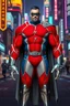 Placeholder: A giant, muscular man with extra-short, crew cut, black hair, blue eyes, short, trimmed goatee, standing stoically on the street in the neon lit, futuristic City of Xanadu prime, wearing a long-sleeved, highly textured, red-white-and blue body suit with gray piping that forms to his muscular frame, he has a silver lightning belt, silver wrist gauntlets, silver, knee-high boots, gray cape, he has the symbol of Xanadu Prime on his chest, and a thin black leather bandit eye mask