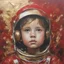 Placeholder: Tableau rouge, peinture au couteau, feuilles d'or, visage d'enfant, astronaute