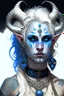 Placeholder: A young tiefling woman with a set of ram horns on her head encrusted with jewels, White-Blonde, medium length hair, black eyes, dressed in white and blue with lots of jewelry, beautiful, tattoos on her neck