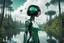 Placeholder: A skinny woman with a black bob hairstyle, in a green and silver robotic suit, standing, looking out over a lake, in an alien forest, with tall narrow cloud trees, with flying dandelion heads with octopus tentacles