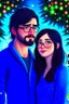 Placeholder: Christmas scene, dark haired couple, man with short black beard and glasses, woman with long hair and no glasses, blue eyes, young couple, graphic