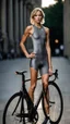 Placeholder: photography of a beautiful anorexic woman, grey satin triathlon top, sports illustrated, blond short wavy bob haircut, pronounced sternum, flat chest, anthracite cycling leggins