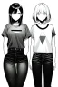 Placeholder: two girls dressed in jeans and a T-shirt walk in the city, line arts, greyscale