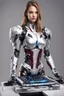 Placeholder: Front view full body gorgeous Realistic Photography beautiful super model Russian as playing Dj player with body full mechanical ironman cyborg realistic beautiful woman hyper detailed