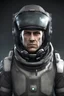 Placeholder: Scientist in Expedition suit, eve online style, no helmet, eyepiece on left eye only, male