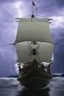 Placeholder: Ship front view with a Spider figurehead at night in a storm with giant waves