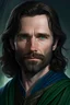 Placeholder: 3/4 full colour portrait of a 35-year old white man with brown hair, grey eyes, and a short brown beard, wearing dark blue and green; high fantasy setting; looks like Aragorn