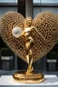 Placeholder: A magnificent cristal and gold heart-shaped sign adorned with a stunning berliant sphere encrusted with sparkling diamond clusters at its center, elegantly spinning in position,a golden statue of a girl in standing pose