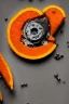 Placeholder: portrait, an orange cut open with tiny clockwork gears embedded in its flesh, AbstractTech clockpunk, Food photography, beautiful, delicious food, recipe photography, realistic, natural light, colorful, food art, object photography, vignette, ultra HD