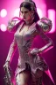 Placeholder: Portrait cyberpunk bride in skin-tight ornate neon pink dress with silver filigree, full body shot, full-color long shot