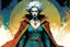 Placeholder: create a wildly imaginative full body portrait of an ethereal, otherworldly , gnarled and emaciated ancient antediluvian female vampire sorceress with extremely short hair in ragged ornate robes , in the comic book art style of Bill Sienkiewicz, Mike Mignola, and Jean Giraud Moebius, with highly detailed feminine facial features , finely drawn, colored and inked,