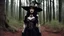 Placeholder: The Dark Lord's Granddaughter is a witch with her bloody fangs, covered by tattoos and lace agent provocateur dress [vintage style noisy scratches glitches, Shot the texture and then rewound the film and double exposed from a 1970 B series movie] in the forest in front of her Hutt with her pointed hat