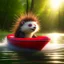 Placeholder: cute blessed chat elf porcupine speeding in a rubber boat in the river,catching a big fish in a river stream, 8k, downlight, soft light, depth of field, photorealism, trending on art station, lotsa detail