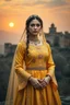 Placeholder: A photorealistic depiction of the Sari Gelin (Yellow Bride) from Azerbaijani folklore. She stands gracefully in a traditional golden wedding dress with intricate embroidery. The backdrop features the ancient fortress of Shusha at sunset. Her expression is melancholic yet beautiful, with ethereal lighting that creates a heavenly glow. Cultural symbols like traditional jewelry and historic patterns are accurately represented.