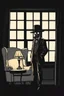 Placeholder: wingback chair and a small table with lamp, with a man standing beside wearing a gas mask and wide brimmed flat top hat, elevated downward perspective, window at rear, graphic novel
