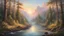 Placeholder: a painting of a serene forest with a river running through it, in the style of Bob Ross, Thomas Kinkade, and Albert Bierstadt, peaceful and calming, intricate details, sunrise, vibrant colors, 4k resolution