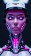 Placeholder: busto y rostro frontal femenino robot en alta definicion y en estilo realista futurista transformandose en humano, colores de luces magentas y cian