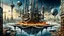 Placeholder: a stunningly weird image of a futuristic tall floating metropolis using Salvador Dali's paranoiac-critical method, where buildings and structures appear to melt into the skyline cityscape is filled with floating mad, twisted sharp metal shapes that interact with the buildings and each other, forming a surreal tableau of a dreamlike reality. neu-steampunk vibe, essence of the scene in a cinematic manner, with dramatic shadows that enhance the distorted perspectives and bizarre