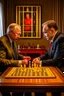 Placeholder: Vladimir Poutine playing chess with Zelinynski. A map of ukraine is burning on