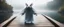 Placeholder: close up on huge dented glowing ghost transparent rat in designer clothes in fast boat with googly eyes, raised by ninja necromancer in the wild, on wooden bridge by lake in surreal reflecting stone chrome landscape, background motion blur, volume light fog, rays, 4d maze
