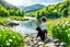 Placeholder: a lovely black and white dog plays with a little boy in country side in green field flowers next to a river with clear water an small rocks in its floor