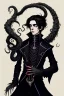 Placeholder: black haired young man necromancer wizard with gothic jewelry and tentacle fingers in the style of Fyodor Pavlov