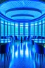 Placeholder: A restaurant whose outer walls are oval in shape, the color of the inside is blue, and its floor is light with a bar table in the middle of the restaurant in the shape of an oval containing 30 chairs and the walls are made of glass