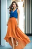 Placeholder: fullbody shot of young-beautiful-ozbek-with-a-perfect-face-with-make-up-wearing-orange top and midi pleated blue skirt standing , prophesional photography studio