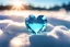 Placeholder: A close-up of a pale blue crystal heart, peeking from the snow, soft blurred sun flare in the background