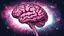 Placeholder: Comic style, bare transparent pink human brain flying trough the universe, background galaxy's