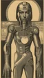 Placeholder: **1939 samuel bennett 'an eye for an eye' egyptian art, in the style of cybernetic sci-fi, focus on joints/connections, pulp comics, realist detail, medicalcore, miniaturecore, mid-century illustration --ar 9:11 --v 5. 2**