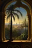 Placeholder: Fenster Ausblick auf persische Stadt mit Palmen aus 1001 Nacht